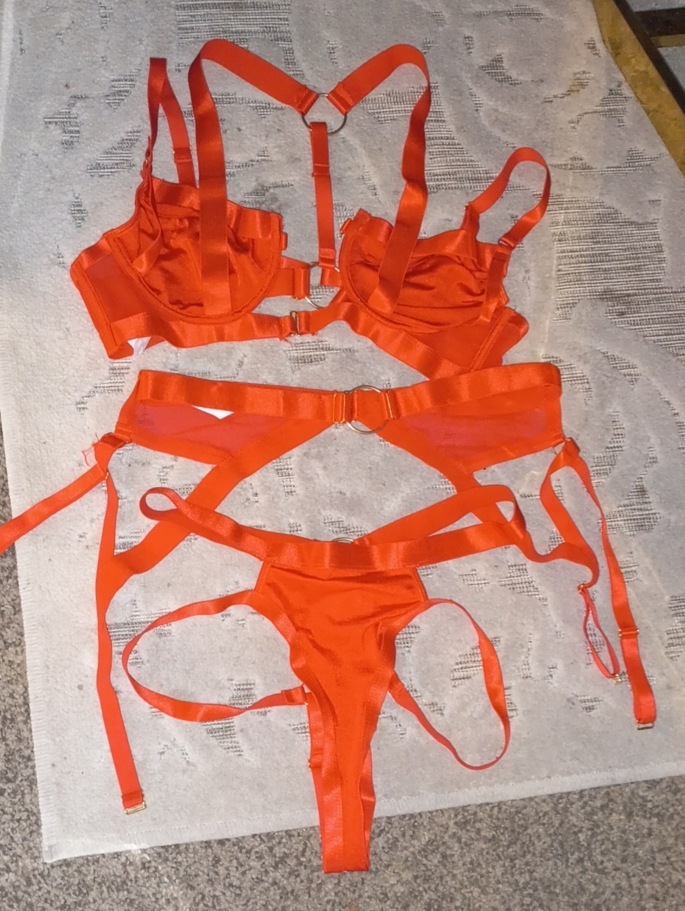 Bold Red Strappy Harness Bra & Garter Set